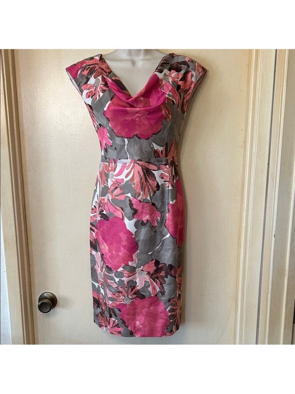 Banana Republic Mad Men Pink and Gray Sheath Dress with Cowl Neck size 2